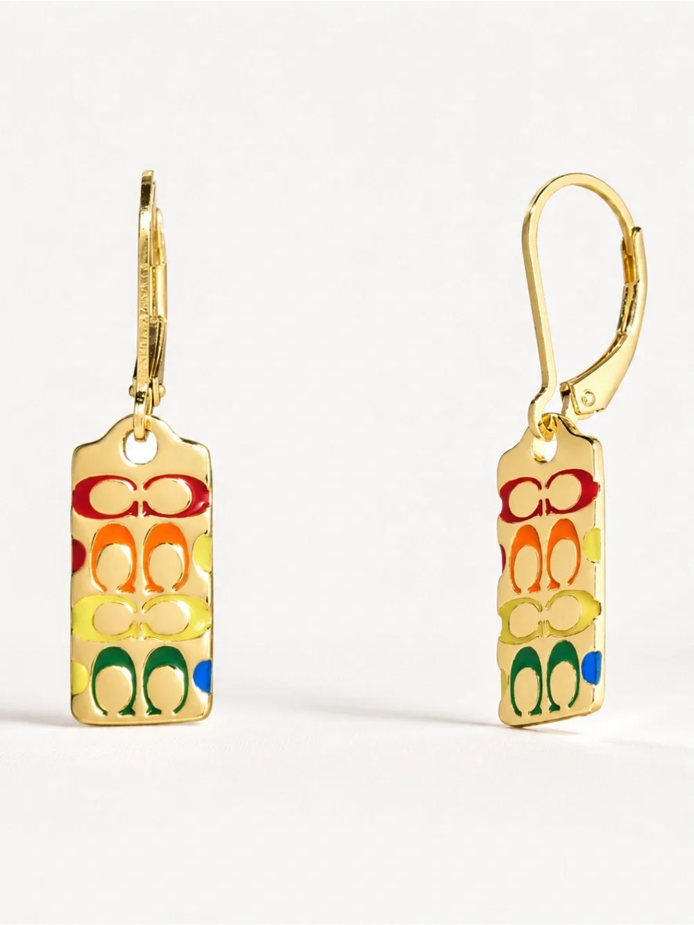 Coach Rainbow Pride Hang Tag Gold Tone Enamel Earrings NWT - Picture 2 of 2